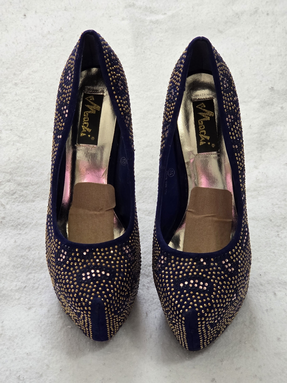 Machi Navy Blue Rhinestone Covered Platform Pumps - Sky-High Stiletto Heels Sz10
